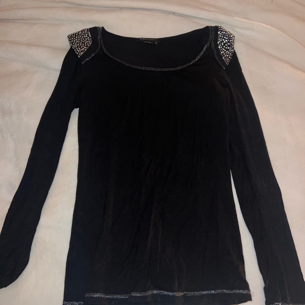 BCBGMaxAzria Black Long Sleeve Top with Silver Accents